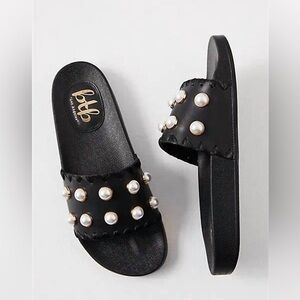bfleather Black Pearl-Embellished Slide Sandals